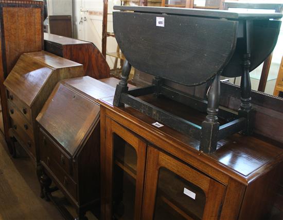 Oak drop leaf coffee table, mahogany bureau & small oak bureau(-)